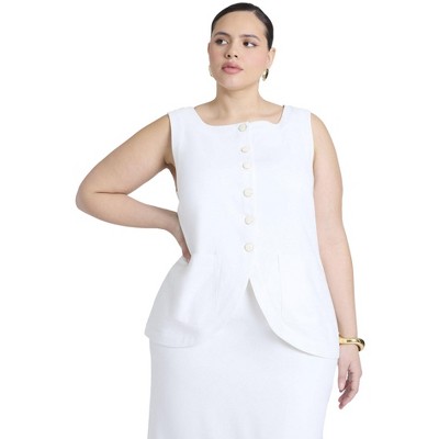 ELOQUII Women's Plus Size Square Neck Scoop Hem Linen Blend Vest - 20, Snow White