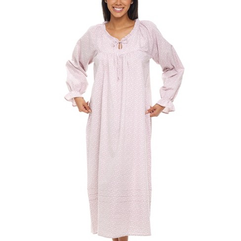 ADR Women's Cotton Victorian Poet's Nightgown, Juliet Long Sleeve Front Tie  Long Nightshirt White Floral on Mauve X Small