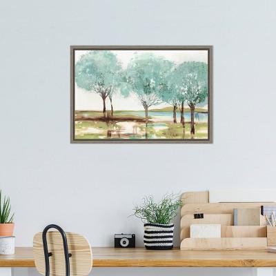 Teal Trees Landscape Canvas Wall Art Print in Gray Frame