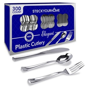 Stock Your Home 300-Pack Silver Plastic Cutlery Set- 100 Forks, 100 Knives, 100 Spoons - 1 of 4