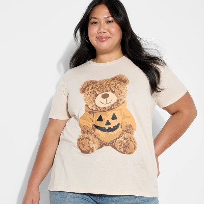 Women's Teddy Bear Pumpkin Short Sleeve Graphic Boyfriend T-Shirt - Beige