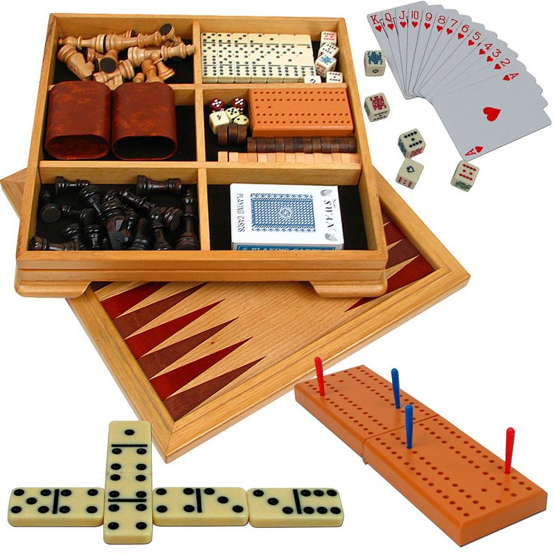 Toy Time 7-in-1 Deluxe Wood Board Game Set - Chess, Checkers, Backgammon, Dominoes, Cribbage, Poker Dice, and Standard 52-Card Deck, 2 of 13