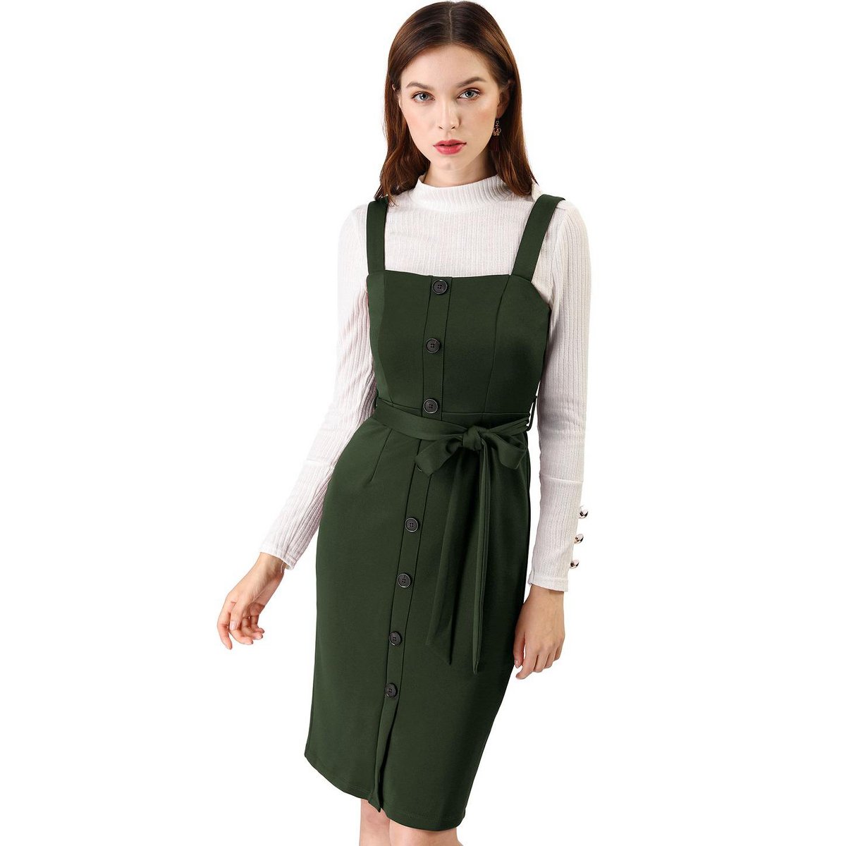 Женские платья INSPIRE CHIC Women's Classic Button Decor Slim Fit Sleeveless Tie Waist Pinafore Overall Dress Dark Green Medium — фото 3