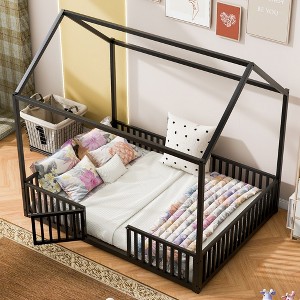 YOOCOZZ Metal House-Shaped Platform Bed Frame with Fence and Door - 1 of 4