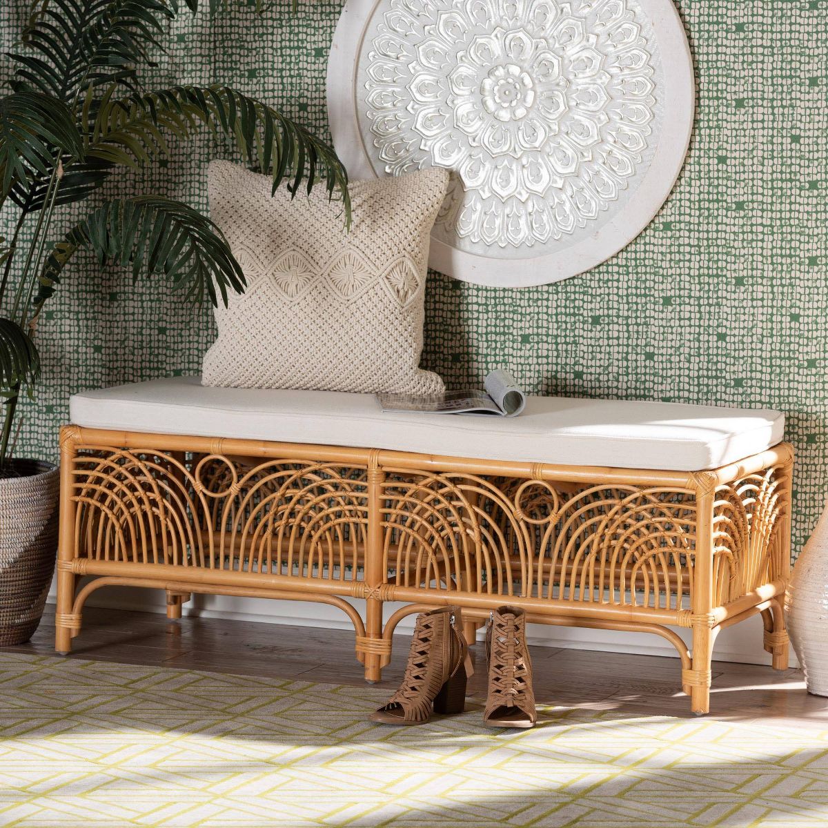 bali & pari Materra Rattan Bench White/Light Honey: Upholstered Polyester, No Assembly, Spot Clean - thumbnail 2