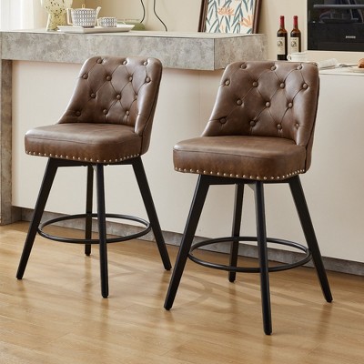 Modern Brown Bar Stool Set of 2, 360° Swivel Bar Stool, PU Leather Upholstered Counter Height Stool with Button Tufted Back, Footrest, Wooden Bar