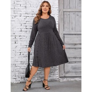 Coolmee Women Casual Round Neck Long Sleeve Loose Side Button Wide Hem Knit Textured Sweater Midi Dress - 1 of 4