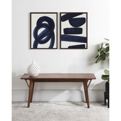 Japandi Abstract Blue and White Canvas Print with Walnut Frame