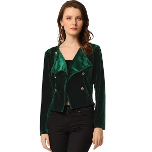 Allegra K Women's Double Breasted Notched Lapel Velvet Cropped Jacket - 1 of 4