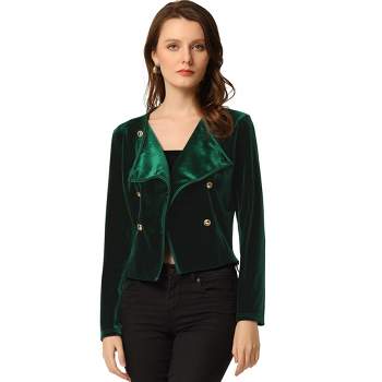 Allegra K Women's Double Breasted Notched Lapel Velvet Cropped Jacket