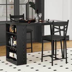 Bar Table and Chairs Set of 2, High Top Kitchen Bar Table, Wood Bar Height Dining Room Set, 3 Tier Storage Shelves, 2 Stool, for Small Spaces - 1 of 4