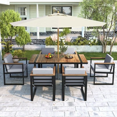 CAVINAS Patio Dining Set for 7 Acacia Wood Tabletop Backyard Furniture with Removable Cushions Patio Table Set with 6 Chairs for Patio