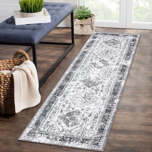 Vintage Floral Distressed Printed Area Rug Machine Washable Non Slip Stain Resistant Bodered Low Pile Ultra Thin Pet Friendly Carpet - 1 of 4