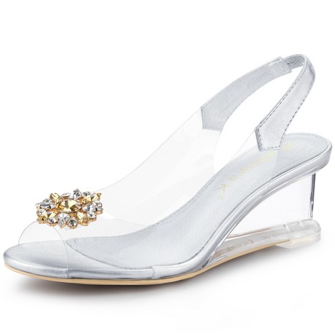 Allegra K Women s Clear Slingback Wedge Heel Rhinestone Peep Toe Sandals Silver 6 Target