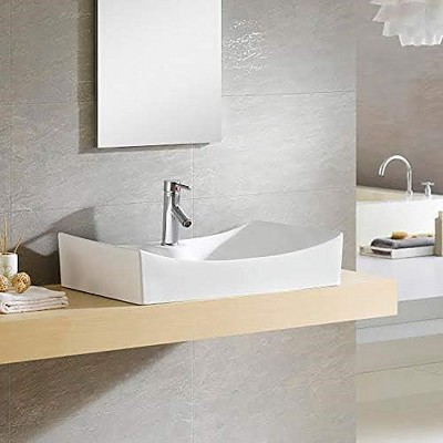 White Ceramic Rectangular Vessel Sink with Faucet Hole