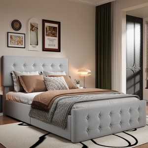 Bed Frame with Adjustable Headboard and 4 Storage Drawers, Button Tufted Design, Wooden Slats Support, No Box Spring Needed - 1 of 4