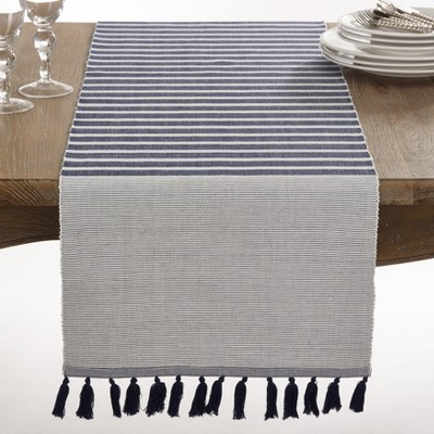 Navy Blue Cotton Ribbed Tassel Table Runner