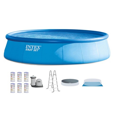 Intex Easy Set 18' x 48 Round Inflatable Above Ground Swimming Pool Set  with Filter Pump, Ladder, Pool Cover, and Filter Cartridges (6 Pack)