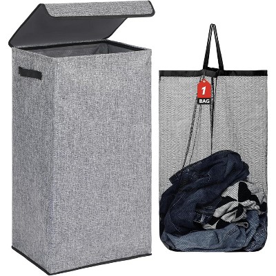 Double Laundry Basket with Lid and Removable Laundry Bags, Large Collapsible Laundry Hamper with 2 Sections