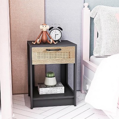 Rustic Rattan Nightstand with Drawers, Wooden Bedside Table for Farmhouse or Modern Bedrooms