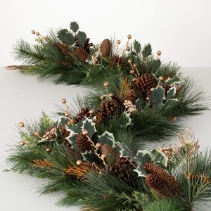 6'L Sullivans Gold Holly And Pine Garland, Green Christmas Garland - 1 of 3