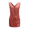 Womens Summer Sleeveless V Neck Romper Waist Belted Shortall Linen Romper Summer Short Jumpsuits Front Button Romper with Pockets - 4 of 4