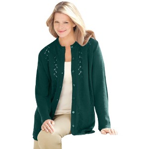 Woman Within Plus Size Long-Sleeve Pointelle Cardigan - 1 of 4