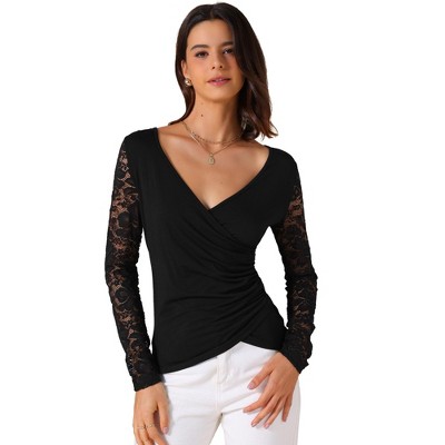 INSPIRE CHIC Women's Wrap V Neck Floral Lace Mesh Long Sleeve Fitted Casual Blouses