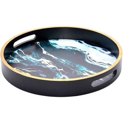 12" Black Marble Round MDF Serving Tray with Gold Trim