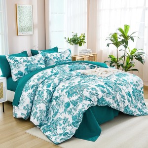 BAGOKIE 7 PCS Bed in a Bag Flower Reversible Comforter with Sheets Bedding Set - 1 of 4