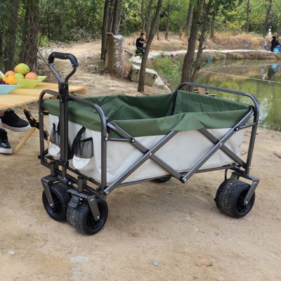 Utility Kids Wagon for Outdoor Garden Walking, Portable Beach Camping Trolley Cart with Foot Brakes, All-Terrain Collapsible Wagon for Fishing Green