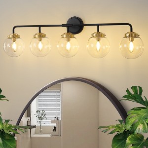 POWLIG 38.98-in 5-Light Black&Gold Bathroom Light Fixtures Over Mirror Vanity Lighting with Clear Glass Globe Shades - 1 of 4