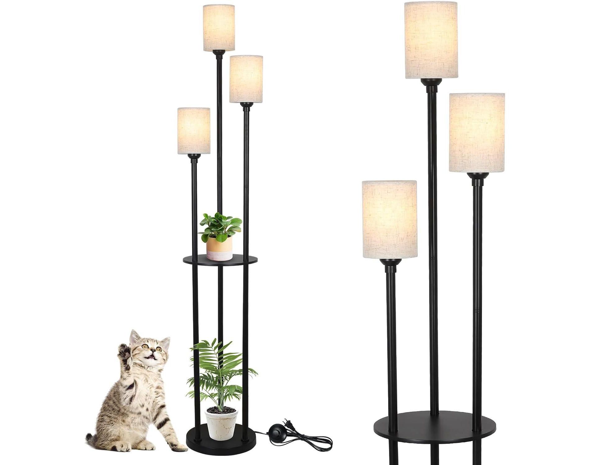 3-Light Floor Lamp with Shelves and Linen Shade, Foot Switch, for Living Room, Bedroom, and Office