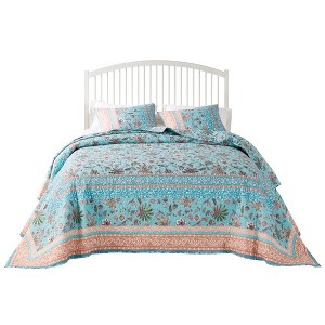 Barefoot Bungalow Audrey Luxury Modern Design Jacobean Fern and Floral Print all Over 3-Piece Bedspread Set Turquoise - 1 of 4