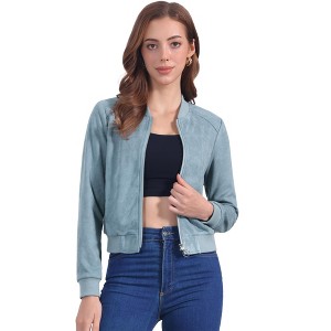INSPIRE CHIC Women's Faux Suede Cropped Stand Collar Zip-Up Bomber Jackets - 1 of 4