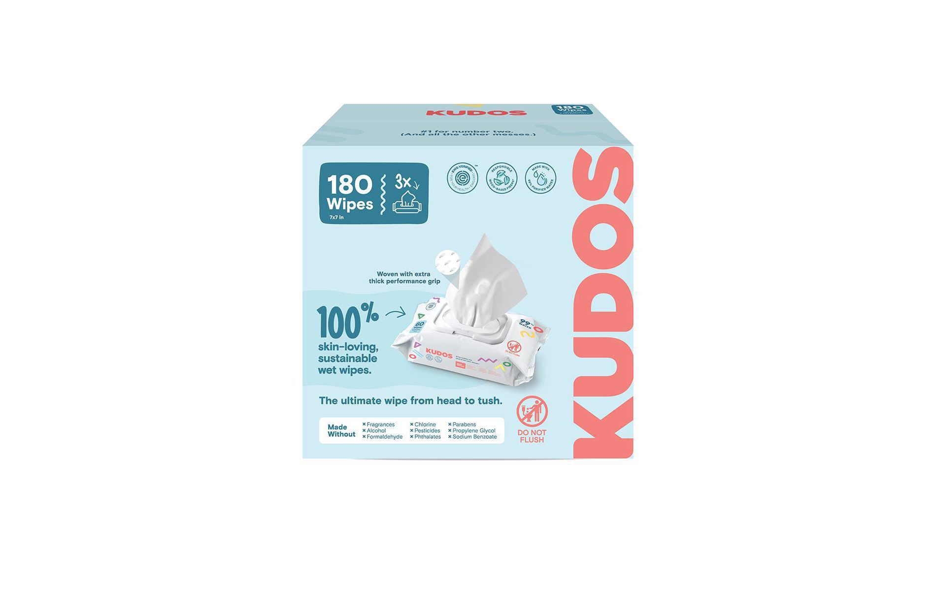 Kudos Skin-Loving Baby Wipes - 99% Water, Plastic-Free & Unscented - 180ct/3pk