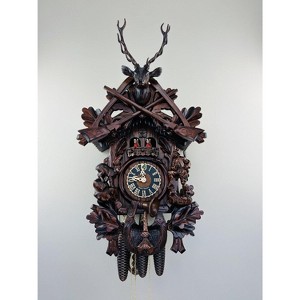 Eight Day Mechanical Hunter's Cuckoo Clock With 29.5 Inch Height Carved Woodsman And Stag By River City Clocks - 1 of 4
