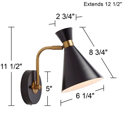 Venice Matte Black and Antique Brass Adjustable Cone Wall Lamp