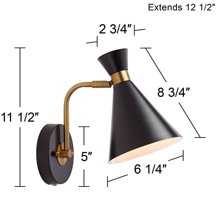 360 Lighting Venice Mid Century Modern Wall Lamp Matte Black Brass Plug-in 6 1/4" Light Fixture Adjustable Metal Cone Shade for Bedroom Living Room, 4 of 9
