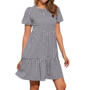 Allegra K Women's Puff Short Sleeve Crew Neck High Waist Casual Tiered Dresses - 1 of 4