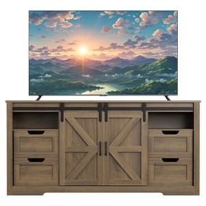 Modern TV stand, accommodates TVs up to 70 inches, featuring 4 drawers and sliding barn doors for a living room entertainment center. - 1 of 4