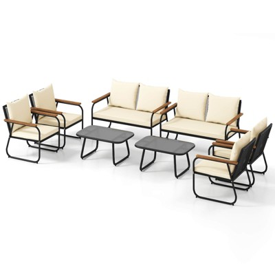 Tangkula Set Of 8 Wicker Patio Furniture Set Outdoor Conversation Set w/ Tempered Glass Coffee Table Rattan Cushioned Chairs with Acacia Wood Armrests
