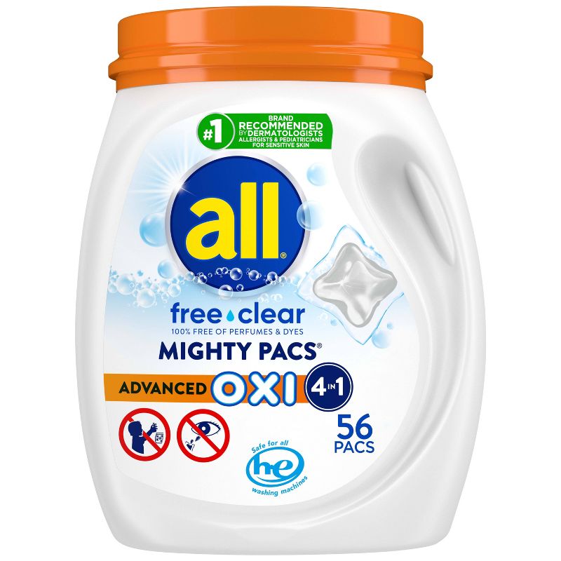 All Mighty Pacs Free Clear Laundry Detergent Pacs with OXI Stain Removers - 56ct/39.5oz, 1 of 11