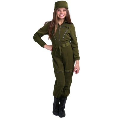 HalloweenCostumes.com Large Girl Army Flightsuit Costume for Girls, Green