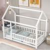 Whisen Twin Size Floor Wooden Bed with House-shaped Roof Frame and Fence Guardrails - 3 of 4