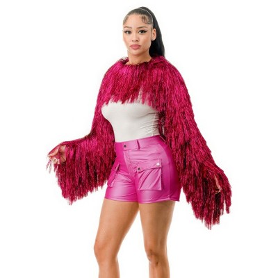 Slickblue Women's Metallic Fringe Bolero Jacket, Long Sleeve Crop Style with Hook Front, Party Layer, Pink, Size S-L