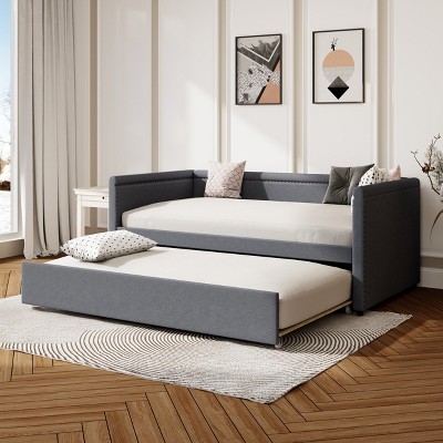 Twin Size Daybed, Upholstered Platform Bed Frame with Twin Size Trundle Bed -Frevyn