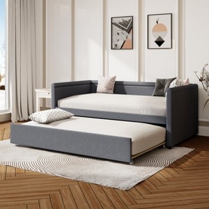 Twin Size Daybed, Upholstered Platform Bed Frame with Twin Size Trundle Bed -Frevyn - 1 of 4