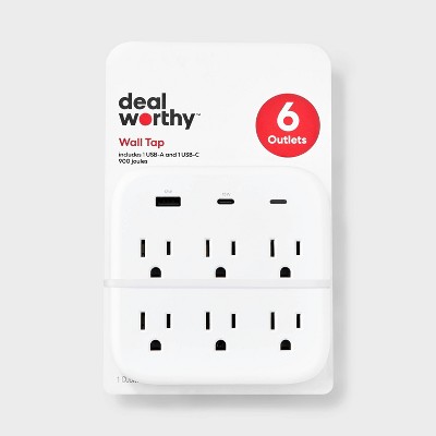 6-Outlet Surge Protector Wall Tap 900J with USB C and USB A - dealworthy™ White