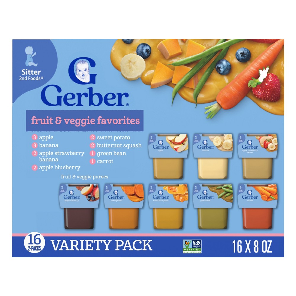 Gerber Baby Food Stage 2 Fruit & Veggie Puree Tubs 16 Variety Pack - 128oz